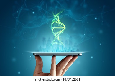 A DNA hologram hangs over the smartphone. Modern technologies, the future of medicine, research of the human genome. Mixed media.