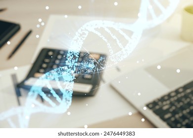 DNA hologram on blurry calculator and computer background, science and biology concept. Multiexposure - Powered by Shutterstock