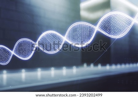 DNA hologram on blurry contemporary office building background, science and biology concept. Multiexposure