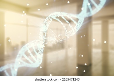 DNA Hologram On Empty Classroom Background, Biotechnology And Genetic Concept. Multiexposure