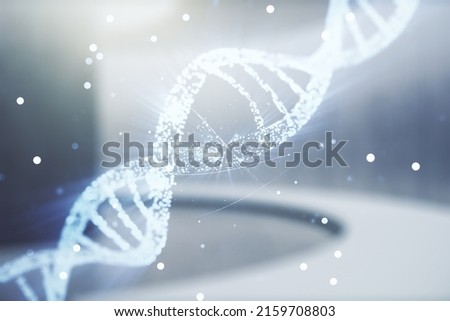 DNA hologram on empty classroom background, biotechnology and genetic concept. Multiexposure