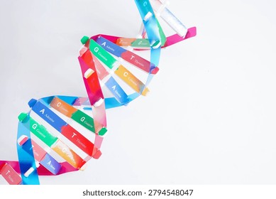 DNA molecule spiral structure model isolated on white background, chromosome and gene chemical science biology.
