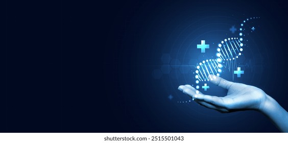 DNA for presenting DNA molecule research. biology, science, innovation, genetic research, science with molecules and atoms. hand with plus and medical icon. - Powered by Shutterstock