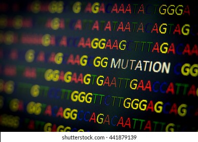 DNA Sequence With Colored Letters On Black Background Containing Mutation