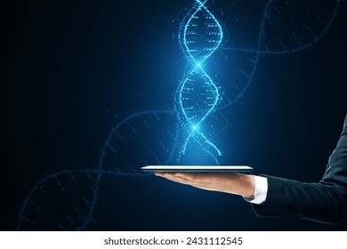 DNA sequence concept with a glowing digital DNA helix being presented from a digital tablet screen