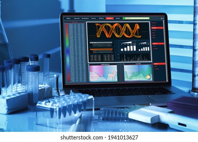 DNA sequencing analysis software on a laptop from the genetic engineering Lab. computer with genetic sequencing software screen on Genetic Research Laboratory Workbench - Shutterstock ID 1941013627