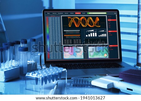 DNA sequencing analysis software on a laptop from the genetic engineering Lab. computer with genetic sequencing software screen on Genetic Research Laboratory Workbench