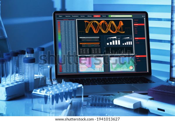 DNA sequencing\
analysis software on a laptop from the genetic engineering Lab.\
computer with genetic sequencing software screen on Genetic\
Research Laboratory\
Workbench