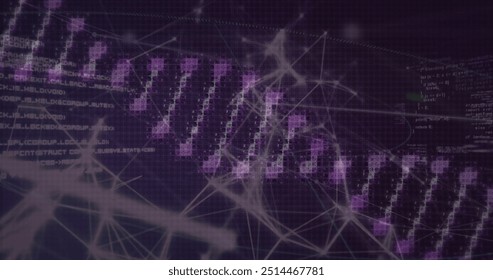 DNA strand and binary coding over abstract network connections. Technology, science, genetics, biotechnology, data, digital - Powered by Shutterstock