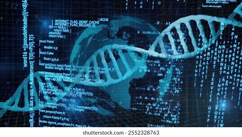 DNA strand and binary coding, scientific data processing image. Biotechnology, genetics, DNA sequencing, bioinformatics, digital data, scientific research - Powered by Shutterstock