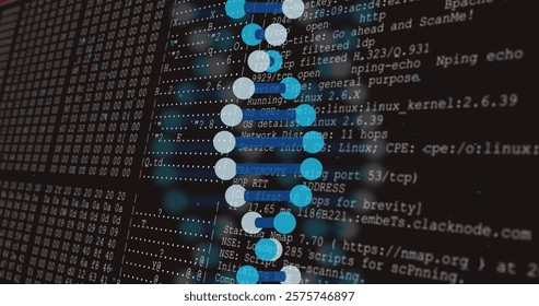 DNA strand and binary coding, scientific data processing image. Genetics, biotechnology, bioinformatics, data science, programming, molecular biology