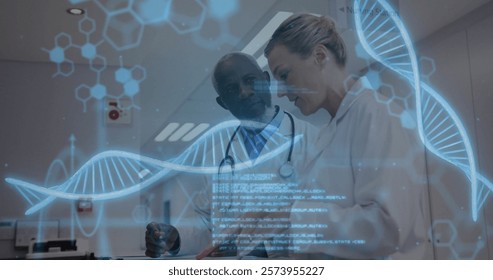 DNA strand and data processing image over doctors discussing medical information. Healthcare, science, biotechnology, genetics, data analysis, research - Powered by Shutterstock - Get 15% off with code: PIKWIZARD15