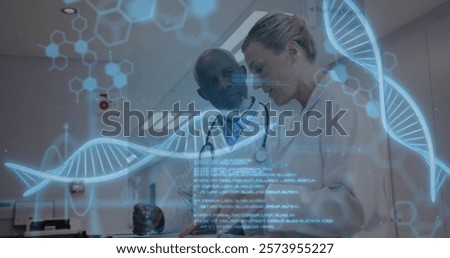 DNA strand and data processing image over doctors discussing medical information. Healthcare, science, biotechnology, genetics, data analysis, research