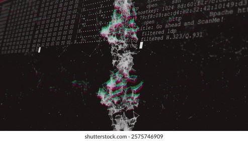 DNA strand image over computer code and data processing. Genetics, biology, digital, science, technology, coding