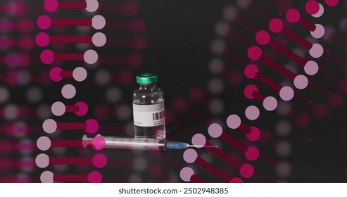 DNA strand image over syringe and vial on dark background. Science, biotechnology, genetics, research, medical, laboratory - Powered by Shutterstock