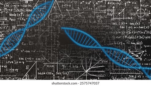 DNA strand and mathematical equations, scientific data processing. Science, biology, genetics, calculations, technology, research - Powered by Shutterstock - Get 15% off with code: PIKWIZARD15