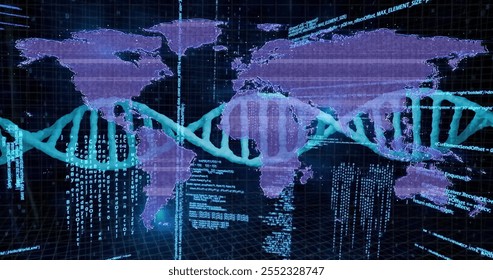 DNA strands and binary coding image over world map. Biotechnology, genomics, digital, visualization, global, data