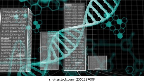 DNA strands and binary coding, scientific data processing image. Biotechnology, digital, genetics, bioinformatics, data analysis, genetic code - Powered by Shutterstock