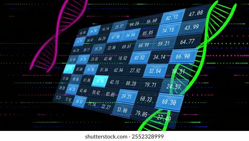 DNA strands and data processing image over digital grid with numbers. Genetics, biotechnology, coding, programming, bioinformatics, futuristic