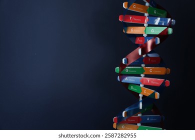 DNA structure model on dark background, space for text