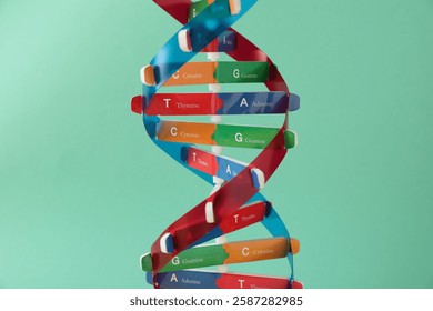 DNA structure model on turquoise background, closeup