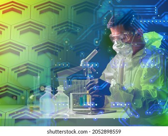 DNA Structure Near Scientist. Male Geneticist Is Studying DNA. Cells Of Genetic Structure Next To Scientist. Biologist With Microscope In Protective Suit. Double Exposure Portrait Of Scientist.