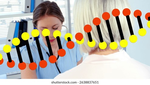 Dna structure over caucasian female doctor using tablet against dna structure with dna structure. Global learning science data processing technology and connection concept digitally generated image. - Powered by Shutterstock - Get 15% off with code: PIKWIZARD15