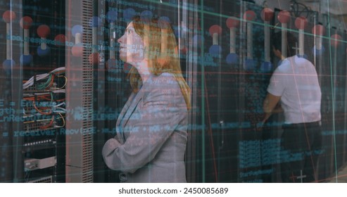 Dna structure spinning and data processing against caucasian female engineer working at server room. Medical research and business data storage technology concept