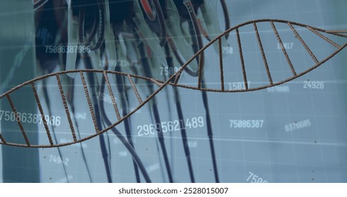 Dna structure spinning and financial data processing against close up of laboratory equipment. Medical research and science technology concept - Powered by Shutterstock