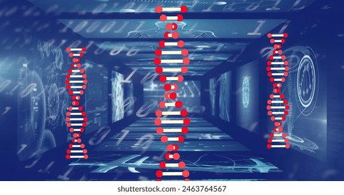 Dna structure spinning over screens on medical data processing against binary coding. medical research and technology concept