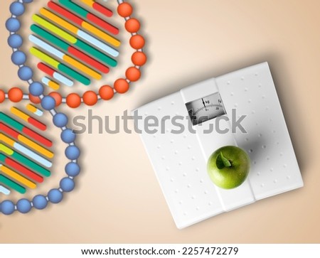 DNA structure, sport dumbbells and tape measure on desk