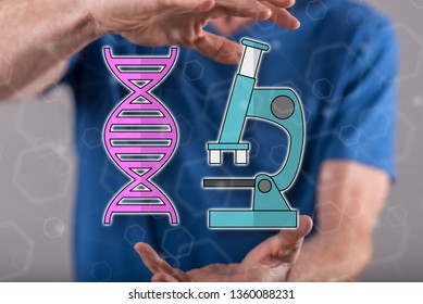 Dna technology concept between hands of a man in background