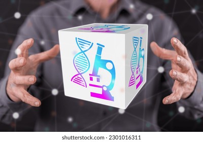Dna technology concept between hands of a man in background