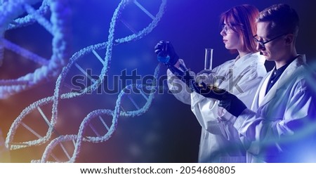 DNA testing concept. Two technicians next to DNA strands. They do tests to determine relationship. Young geneticists during laboratory. Genetic testing in laboratory. Career geneticist.