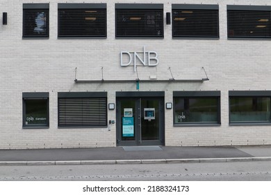 DNB Sign On Bank Building Front Entrance And Exterior Outside - Kongsvinger, Norway 9 August 2022