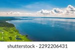 Dnipro river and green meadows aerial view from above, Dnieper river spring landscape, Ukraine