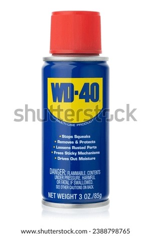 Dnipro, Ukraine -04.11.2023: WD-40 Product for multi purpose use for rusty item. WD-40 Multi-Use Product Spray isolated on white.	
