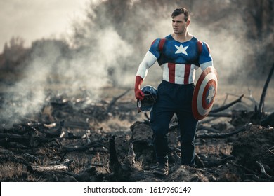 DNIPRO, UKRAINE - APRIL 21, 2019: Man dressed as Captain America. Captain America cosplay costume