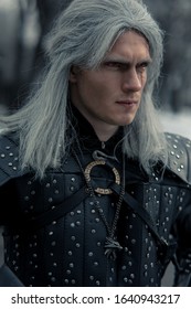 Dnipro, Ukraine - February 06, 2020: Portrait Of Cosplayer In Image Of Character Geralt Of Rivia From The Game Or Film The Witcher.