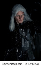 Dnipro, Ukraine - February 06, 2020: Portrait Of Cosplayer In Image Of Character Geralt Of Rivia From The Game Or Film The Witcher.