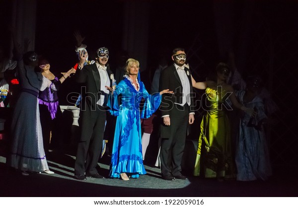 DNIPRO,\
UKRAINE - FEBRUARY 21, 2021: Comedy Masquerade performed by members\
of the Dnipro State Drama and Comedy\
Theatre.