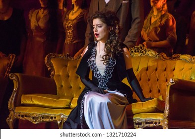 DNIPRO, UKRAINE – FEBRUARY 23, 2019: Classical Opera by Giuseppe Verdi Traviata performed by members of the Dnipro Opera and Ballet Theatre.