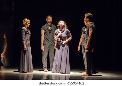 DNIPRO, UKRAINE - JUNE 6, 2017: Choreographic Performance Mirror Perform  By Members Of The Motion Mode Dance Theatre At The State Theater Of Drama And Comedy.