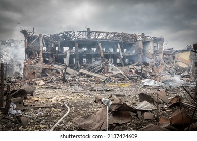Dnipro, Ukraine Mar 11, 2022: neighborhood, factory, rocket, houses, fire, bomb, shooting, subway, people,