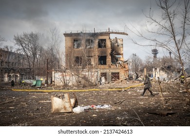 Dnipro, Ukraine Mar 11, 2022: road, neighborhood, factory, rocket, houses, car, bomb, shooting, metro, people,