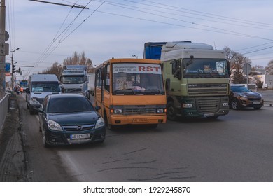 DNIPRO, UKRAINE - March 04.2021. Large traffic jam due to road traffic accident. Truck and minibus collided