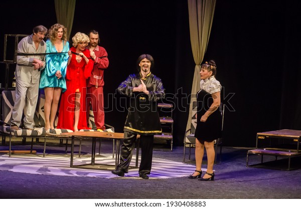 DNIPRO, UKRAINE – MARCH 5, 2021: Comedy Pajamas\
for six performed by members of the Dnipro State Drama and Comedy\
Theatre.