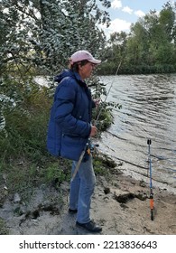 Dnipro, Ukraine, September 2022, Men On A Fishing Trip Have A Photo Session In Nature And Recreation