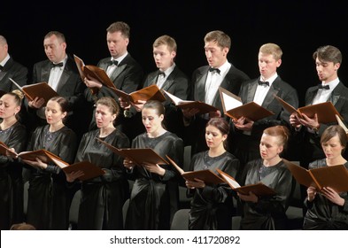DNIPROPETROVSK, UKRAINE - APRIL 26, 2016: Members of the Choir of the State Opera and Ballet Theatre perform Mozart's REQUIEM.