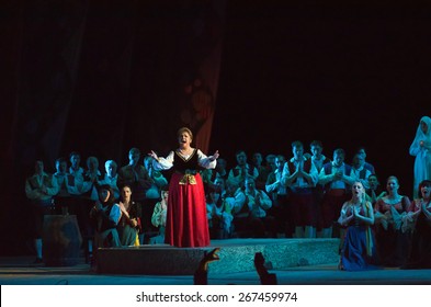 DNIPROPETROVSK, UKRAINE - MARCH 26: Members of the Dnipropetrovsk State Opera and Ballet Theatre perform CAVALLERIA RUSTICANA on March 26, 2015 in Dnipropetrovsk, Ukraine